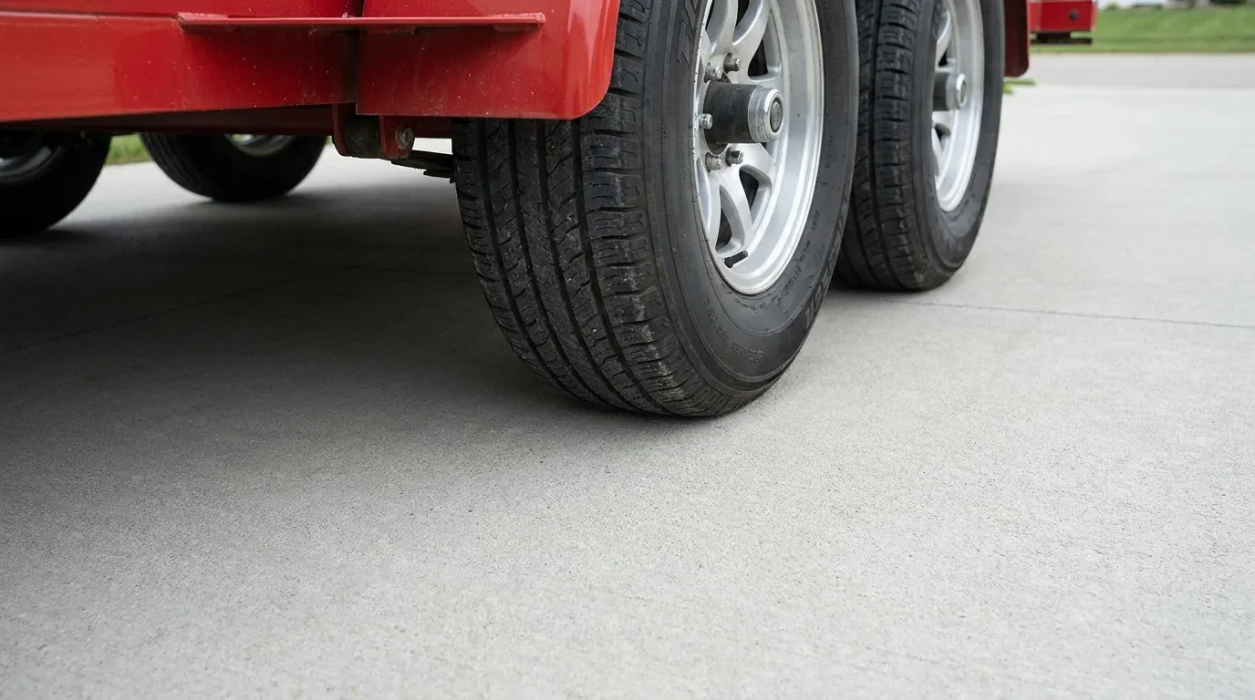 Close-up of a rubber trailer tire resting on unmarked concrete