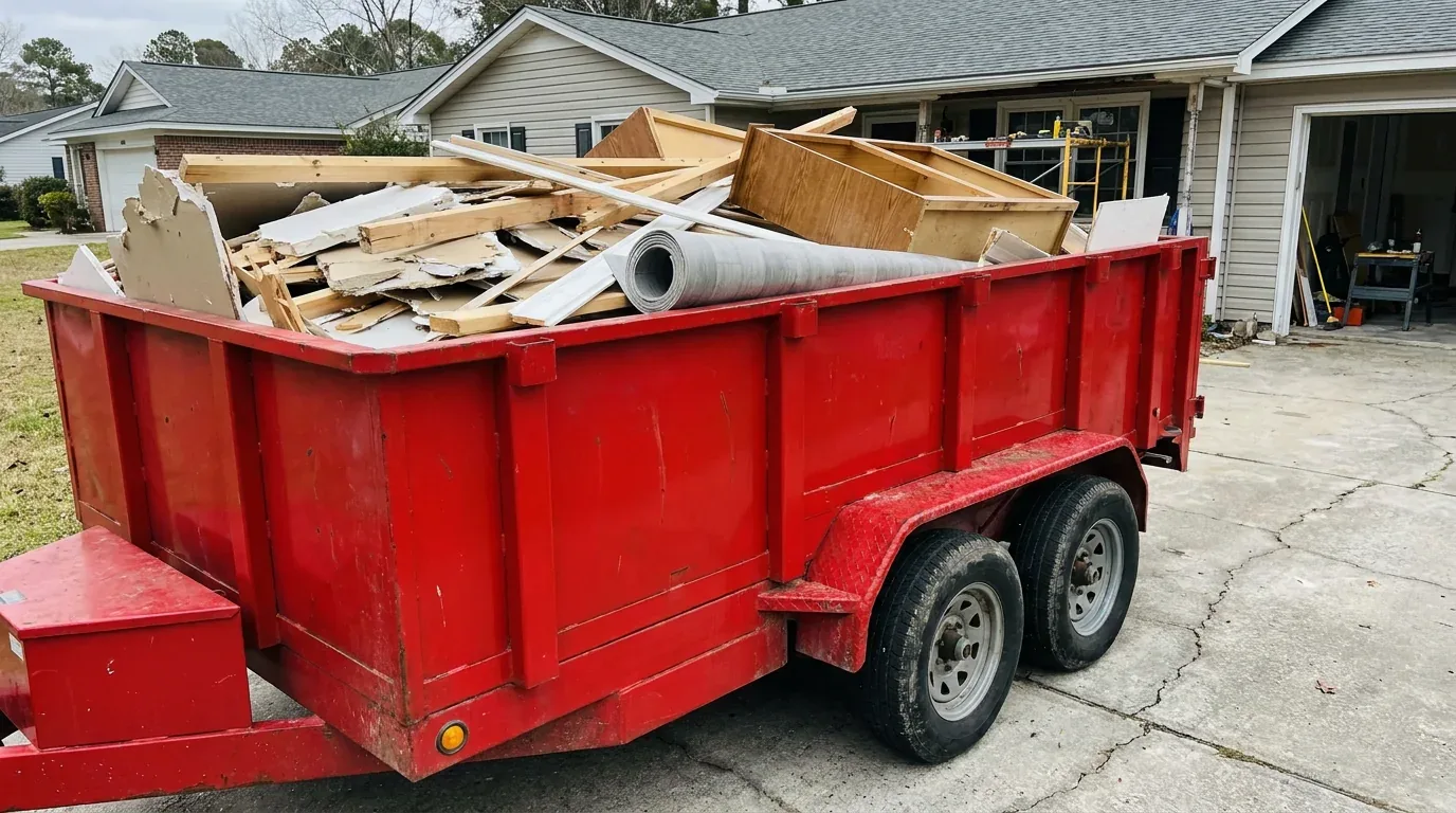 A mobile dumpster loaded with renovation debris, drywall and lumber kept below the top rail