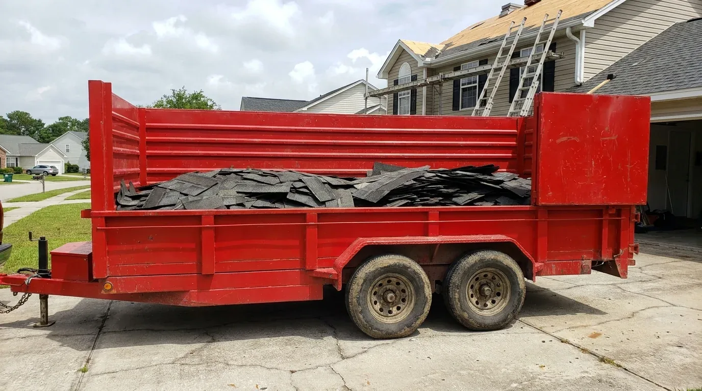 A mobile dumpster loaded with torn-off asphalt shingles, filling only the lower half because of the weight