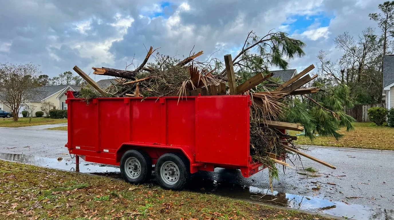 A mobile dumpster heaped with storm debris, branches, brush and broken fence sections