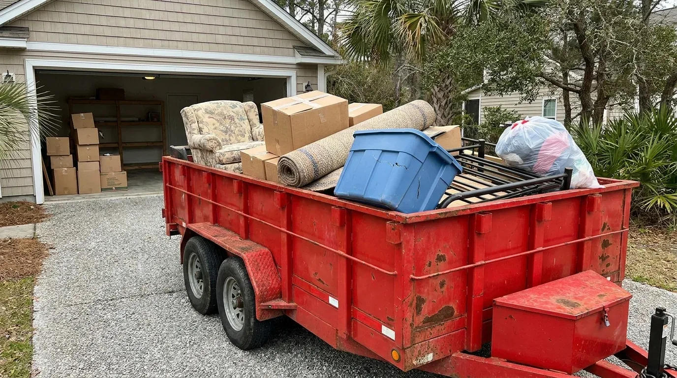 A mobile dumpster in front of an open garage, loaded with household cleanout contents