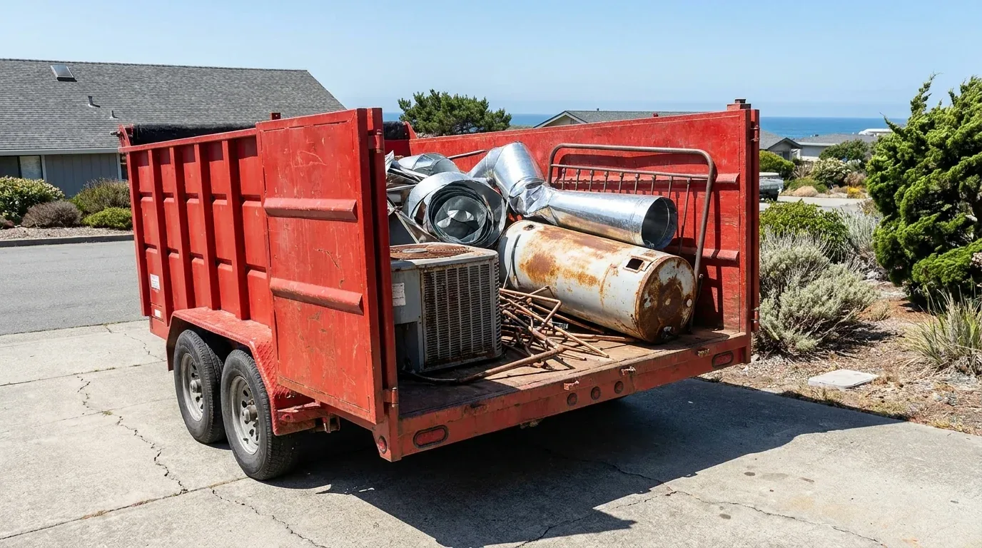 A trailer load of scrap metal: a water heater, an air-conditioning condenser and sheet-metal ductwork