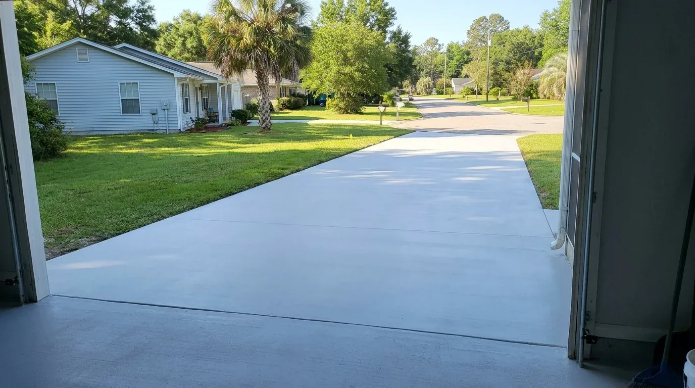 A residential concrete driveway after the unit was removed, the surface clean and free of gouges