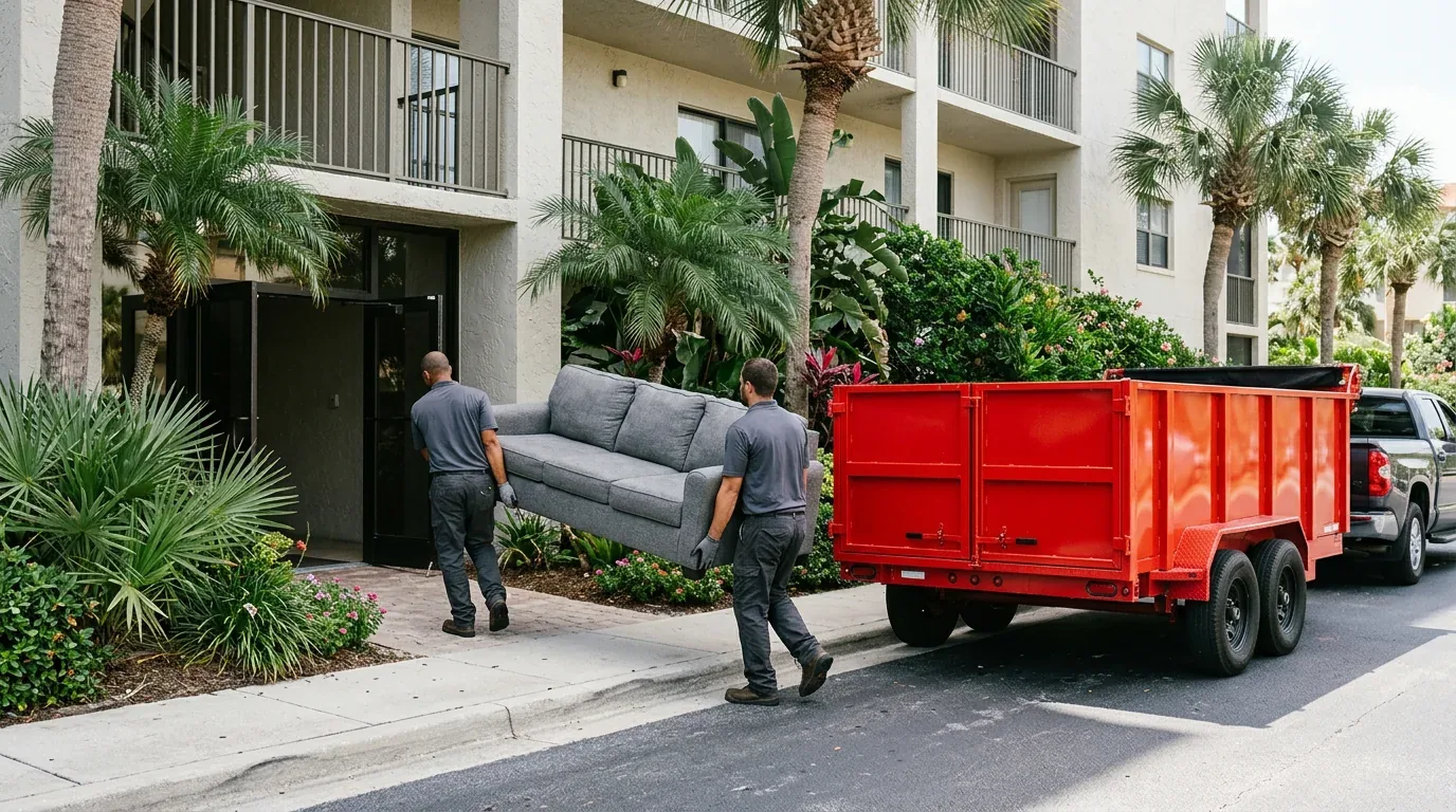 Two crew members carrying a sectional sofa out to the trailer