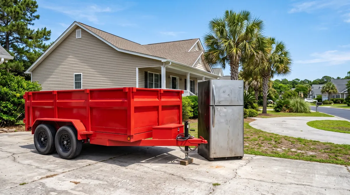 A refrigerator standing on a driveway beside a mobile dumpster