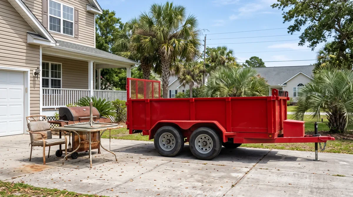 A grill and patio furniture on a driveway beside a mobile dumpster
