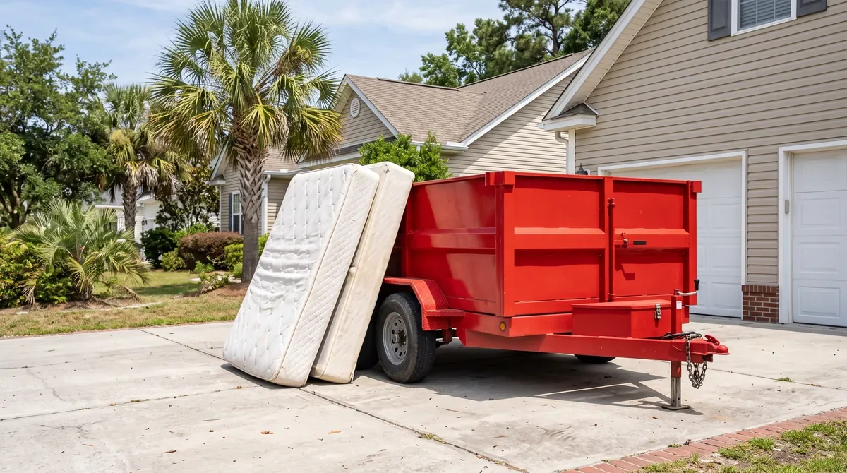 A mattress and box spring leaning against a mobile dumpster on a residential driveway