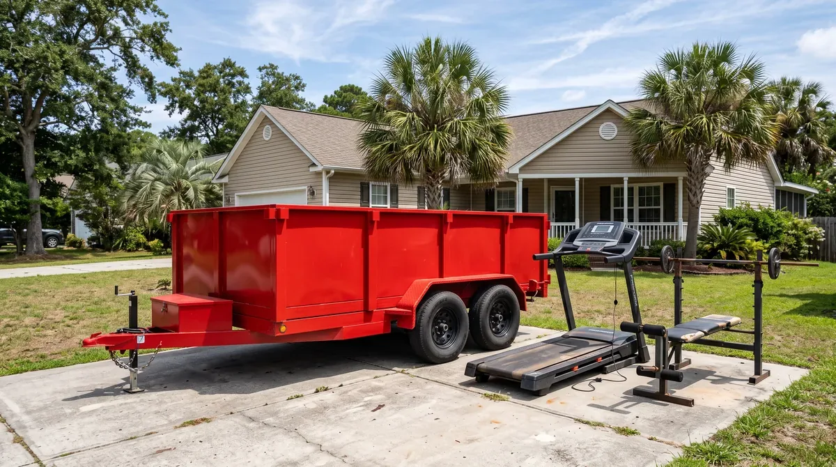 A treadmill and a weight bench on a driveway beside a mobile dumpster