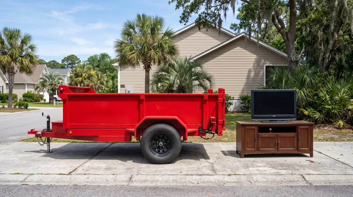 A television console cabinet with a flat-screen on top, beside a mobile dumpster