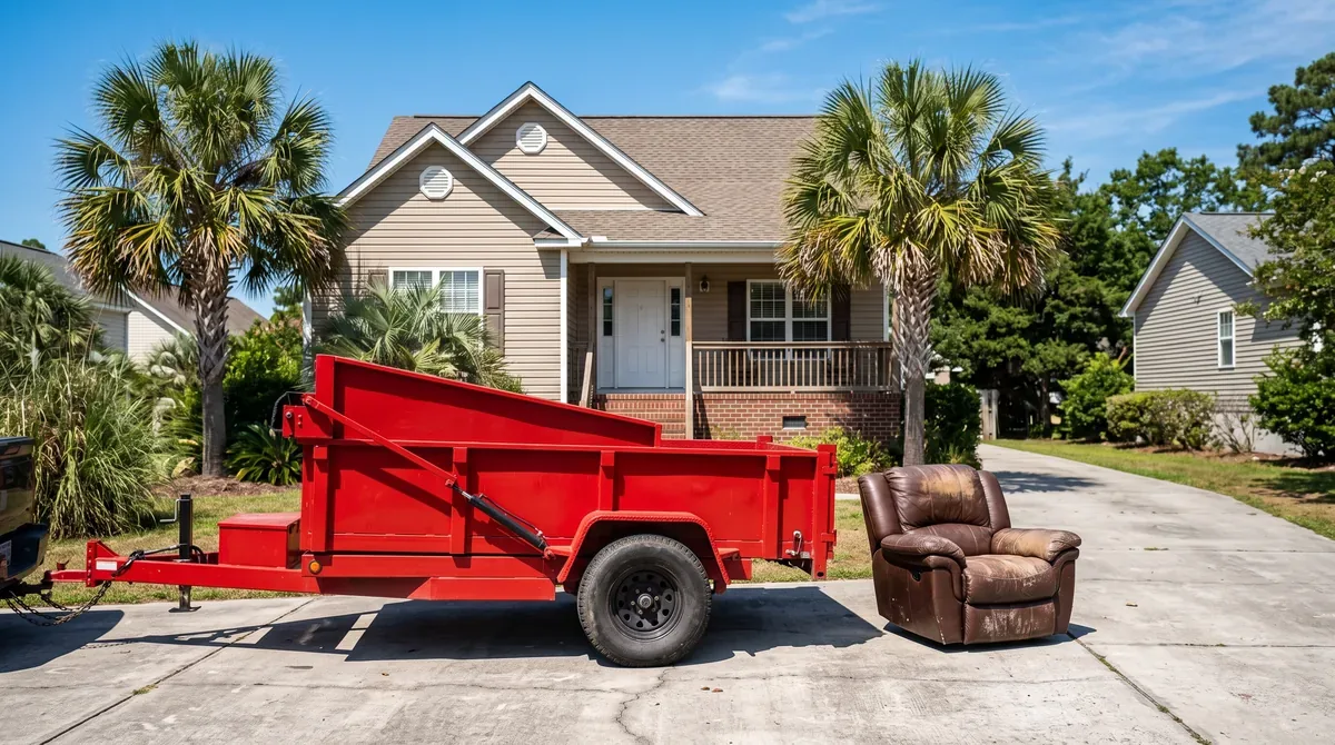 An upholstered piece being cleared out and a mobile dumpster on the driveway beside it