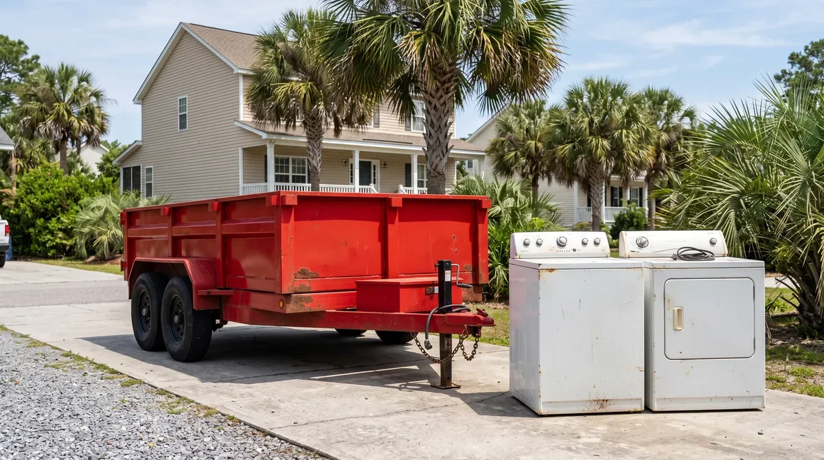 A washer and dryer standing on a driveway beside a mobile dumpster